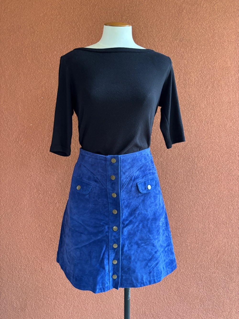 Anthropologie Royal Blue Suede Button-Front A-Line Skirt